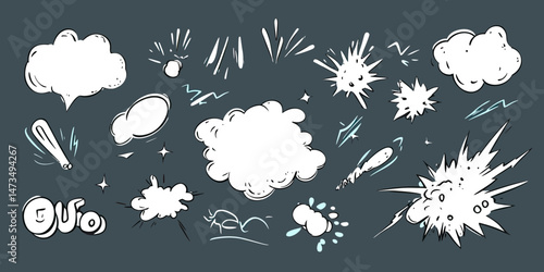 Set of comic cartoon effect smoke clouds, bursts, explosions, bursts, speed lines, splash doodles hand drawn vector illustration in black white outline style