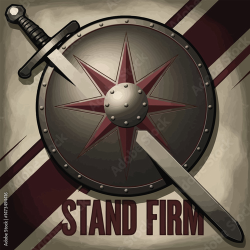 Medieval Sword and Shield Graphic Design Element Vintage Style Strong Protection Knight Warrior History Ancient Battle Weapon Military Emblem Powerful Defense Stand Firm Image red art old gray game   