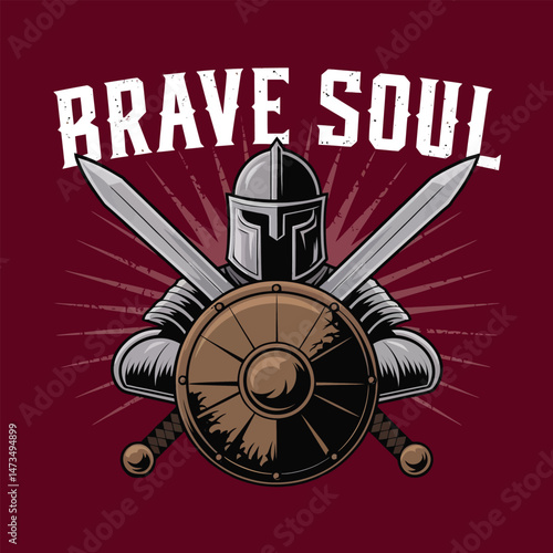 Brave Knight Warrior Medieval Soldier Strong Powerful Defender Heroic Armored Figure Holding Shield and Swords Epic Battle Vintage Illustration Graphic Design Art soul logo glory combat weapon helmet 