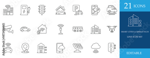 Smart cities and urban technology line icon set. Includes EV charging, smart home, solar panel, GPS, IoT, traffic light, cloud storage, autonomous car & surveillance. Clean, modern, editable
