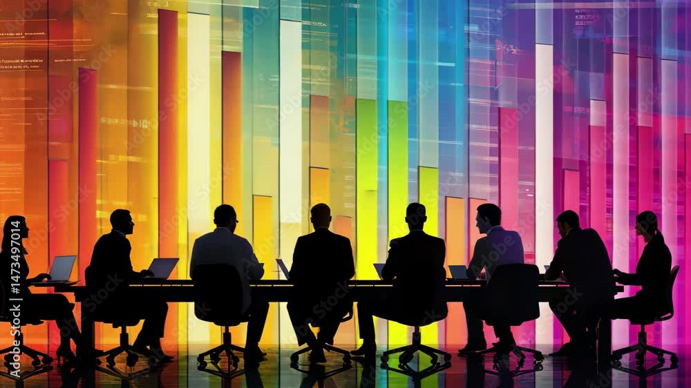 Business meeting with dynamic bar chart as team discusses strategies and performance metrics in modern office, Business meeting with bar chart over people discussing at table