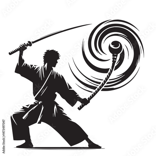 Bo Staff Techniques (JapanOkinawa - stick fighting) Silhouette line art vector illustration on white background