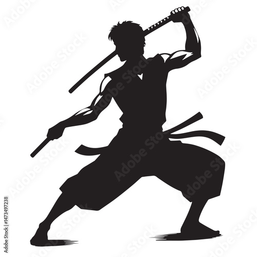 Bo Staff Techniques (JapanOkinawa - stick fighting) Silhouette line art vector illustration on white background