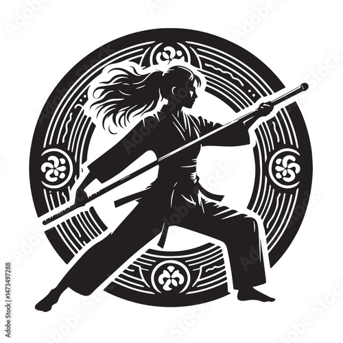 Bo Staff Techniques (JapanOkinawa - stick fighting) Silhouette line art vector illustration on white background