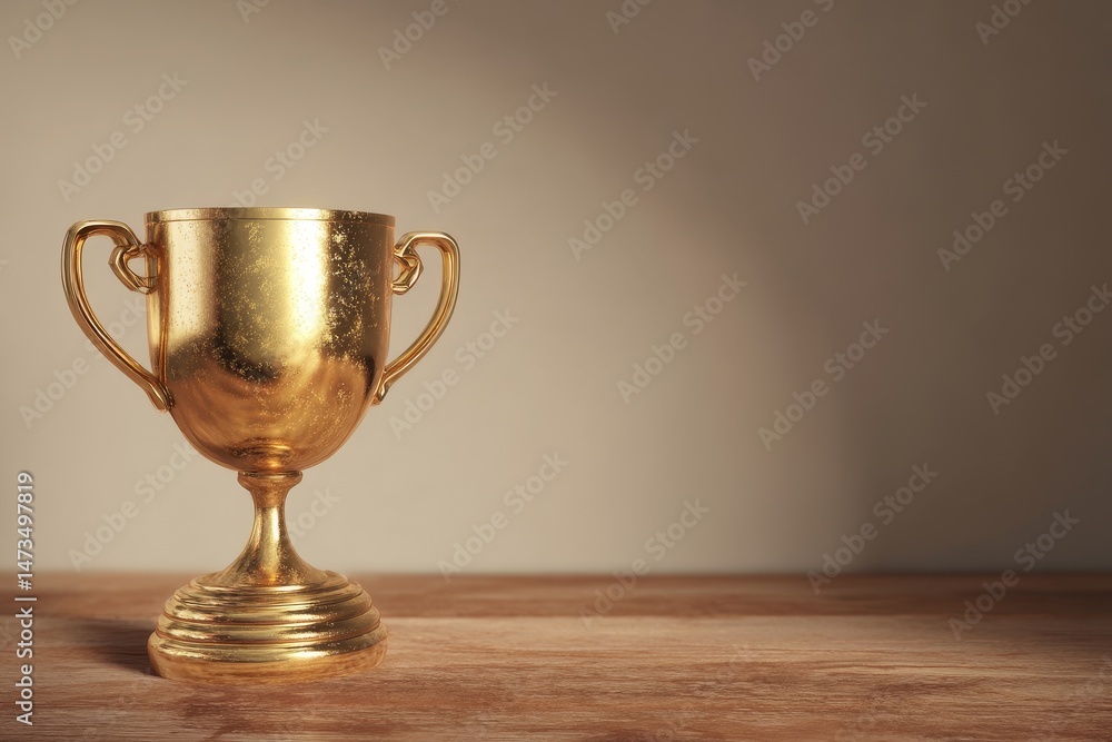 Gold trophy displayed on a wooden surface. Gold trophy displayed on a wooden surface.