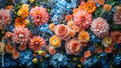 Wallpaper Mural A captivating bouquet, meticulously arranged in a flat lay, showcased a vibrant palette of delicate flowers in hues of pink, blue, and yellow, creating a harmonious and aesthetically pleasing  Torontodigital.ca