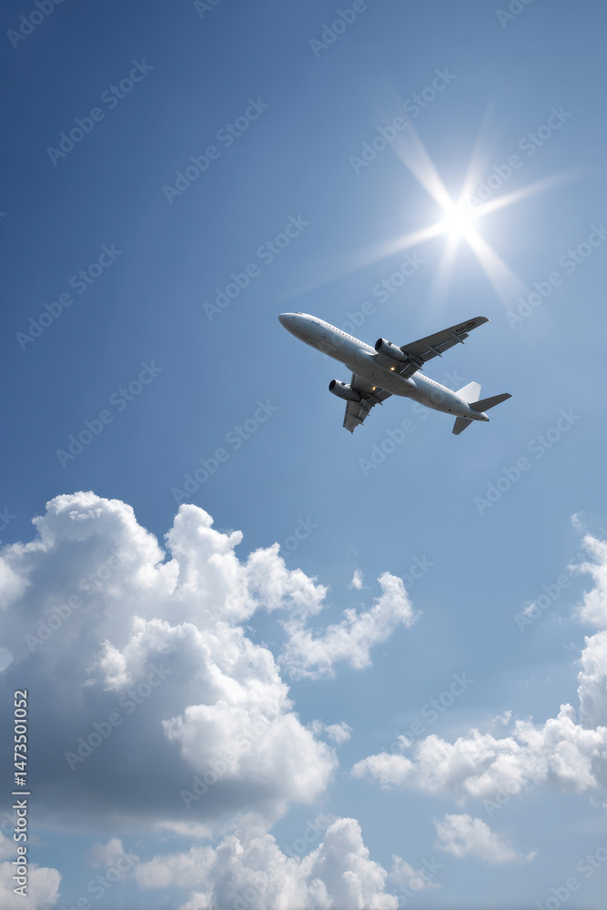 Fototapeta premium sleek modern passenger airplane soaring through clear blue sky surrounded by fluffy white clouds