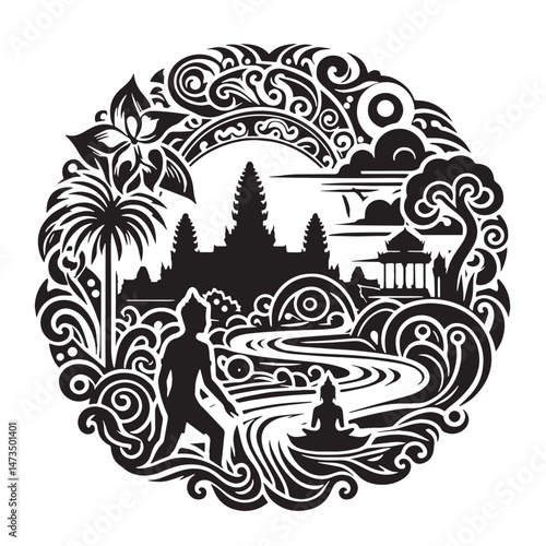 Bokator (Cambodia)Silhouette line art vector illustration on white background
