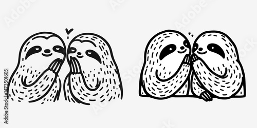 Sloth Couple whispering sweet things. Cartoon animal clipart silhouette vector illustration. Slow duo murmuring lovely endearment tender love gentle affection.
