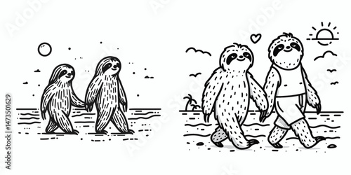 Sloth Couple walking on the beach. Cartoon animal clipart silhouette vector illustration. Chilled pair ambling shoreward a languid beach stroll for two slow animals.
