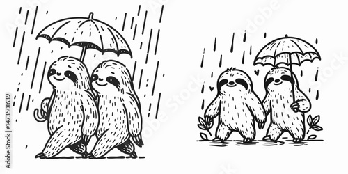 Sloth Couple walking in the rain. Cartoon animal clipart silhouette vector illustration. Amorous slow mammal duo promenade beneath rainfall a loving wildlife concept.