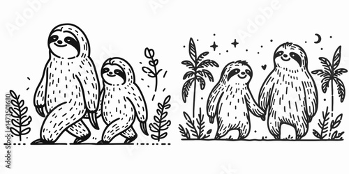 Sloth Couple walking in the park. Cartoon animal clipart silhouette vector illustration. Slow duo promenade amid greenery relaxed arboreal mammals saunter garden.
