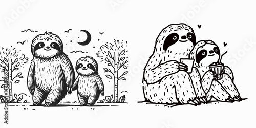 Sloth Couple walking in the park. Cartoon animal clipart silhouette vector illustration. Ambling slow pair garden arboreal mammal twosome promenade greenery.