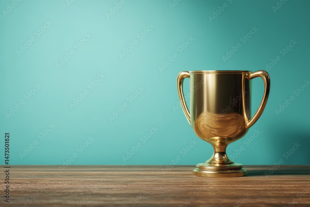 Golden trophy on a wooden surface against a teal background. Golden trophy on a wooden surface against a teal background.