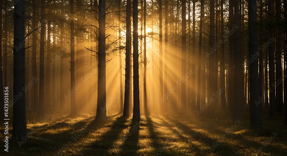Obraz premium Forest Sunrise - Sunlight through Tall Trees