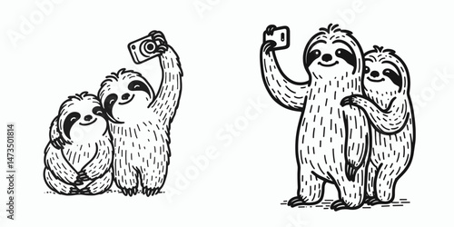 Sloth Couple taking silly pictures. Cartoon animal clipart silhouette vector illustration. Comical tree dweller pair doing goofy photograph fun relaxed fauna moment.