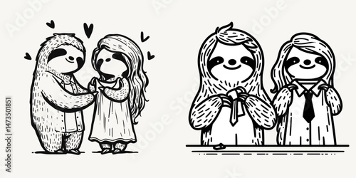 Sloth Couple taking a spontaneous trip. Cartoon animal clipart silhouette vector illustration. Slow pair embracing chance journey wanderlust adventure unique get away.