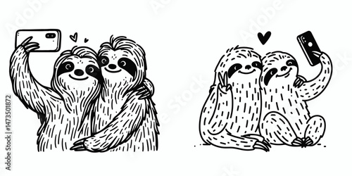 Sloth Couple taking a selfie. Cartoon animal clipart silhouette vector illustration. Charming pair of tree-dwelling mammals capture fun self-portrait photo.