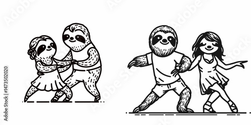 Sloth Couple taking a dance class. Cartoon animal clipart silhouette vector illustration. Mellow pair enjoy rhythmic art movement lesson slow-pace choreography.