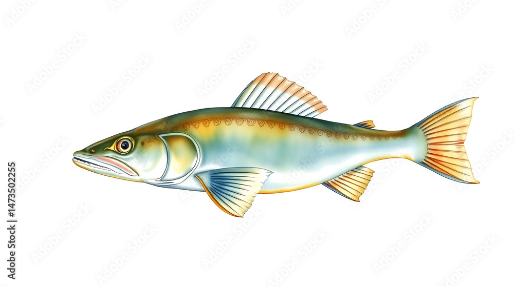 Fototapeta premium Watercolor wels catfish or sheatfish (Silurus glanis). Hand drawn fish illustration isolated on white background.