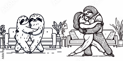 Sloth Couple slow dancing in the living room. Cartoon animal clipart silhouette vector illustration. Languid pair waltzing romantically indoors cozy home scene peaceful vibe.