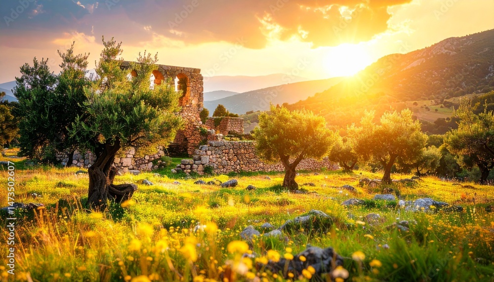 Naklejka premium Ruins stand in a sunlit field with trees and mountains under a vibrant sky