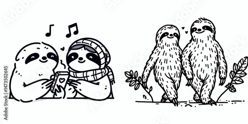 Sloth Couple sharing their favorite songs. Cartoon animal clipart silhouette vector illustration. Amorous slow mammal duo voicing loved melodies auditory preference.