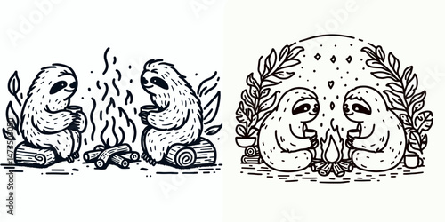 Sloth Couple sharing a cozy moment by the fire. Cartoon animal clipart silhouette vector illustration. Mellow tree-dweller pair enjoying an intimate warm gathering near flame.