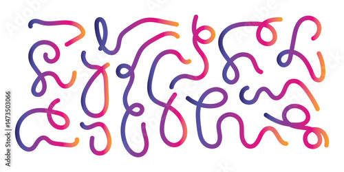 Abstract Lines with Color Gradient. Background with 3D Wave Shape Pattern. Vector Wavy Graphic Design Elements. Rainbow Dynamic Swirl and Squiggle Ribbons in eps 10.