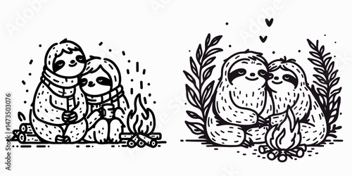 Sloth Couple sharing a cozy moment by the fire. Cartoon animal clipart silhouette vector illustration. Slow pair enjoying comfortable rest near blazing flames warm tranquil scene.