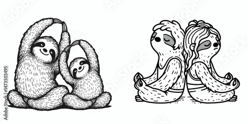 Sloth Couple planting a tree. Cartoon animal clipart silhouette vector illustration. Slow pair nurturing sapling arboreal care nature conservation theme.