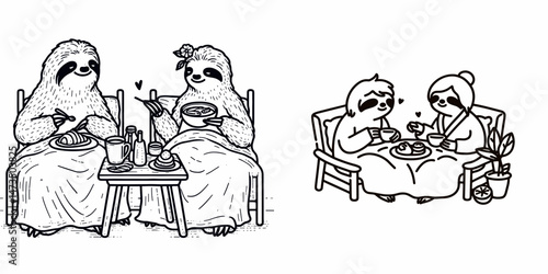 Sloth Couple making breakfast in bed. Cartoon animal clipart silhouette vector illustration. Slow pair preparing morning fare at bedding cozy loving theme moment.