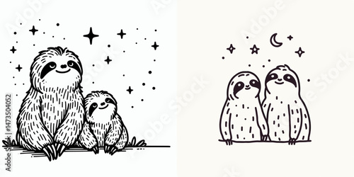Sloth Couple looking at the stars. Cartoon animal clipart silhouette vector illustration. Tranquil slow pair gaze heavens celestial wonder nighttime romance.