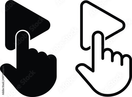 Play icon vector set. two black and white hand pointing to a button. Symbol isolated white background. Silhouette and Line Icon . in modern design