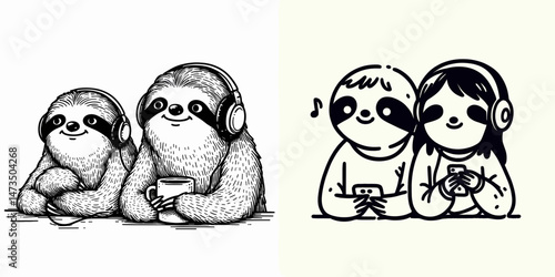 Sloth Couple listening to music together. Cartoon animal clipart silhouette vector illustration. Slow pair enjoying melody jointly a relaxing audio date for fauna love.