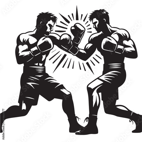 Boxing (Western sport fighting) Silhouette line art vector illustration on white background