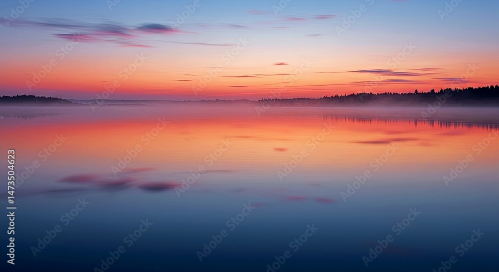 Obraz premium Minimalist Background Serene Lake Landscape at Early Dawn