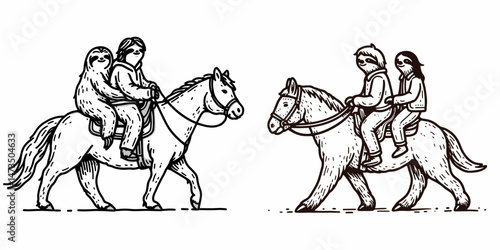 Sloth Couple going horseback riding. Cartoon animal clipart silhouette vector illustration. Slow duo equestrian trekking lazy mate riding mount in nature.