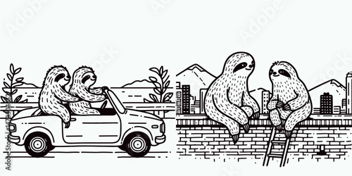 Sloth Couple going for a scenic drive. Cartoon animal clipart silhouette vector illustration. Slow pair traveling an idyllic road journey amid pleasant vista.