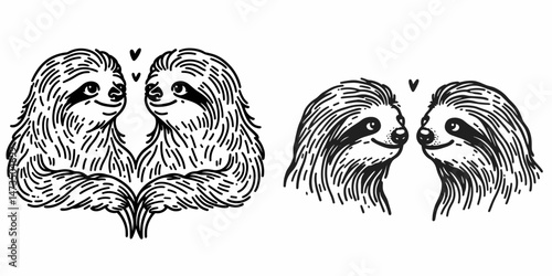 Sloth Couple gazing into each others eyes. Cartoon animal clipart silhouette vector illustration. Arboreal pair eyeing mutual affection romance amorous bond jungle creature.