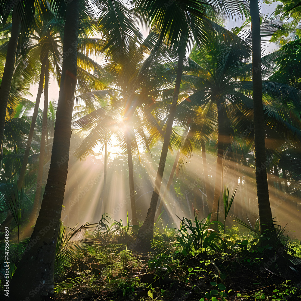 Naklejka premium Sunbeams through Tropical Palm Trees