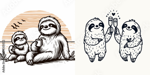Sloth Couple enjoying a sunset. Cartoon animal clipart silhouette vector illustration. Lazy pair watching twilight serene vista dusk scene adorable creature love.