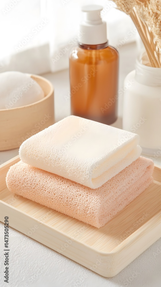 Soft Peach and White Towels on Wooden Tray with Skincare Products Soft Peach and White Towels on Wooden Tray with Skincare Products