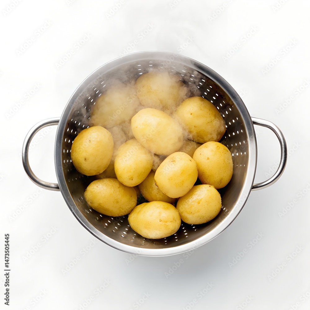 Steaming Boiled Potatoes in Metal Strainer on White Steaming Boiled Potatoes in Metal Strainer on White