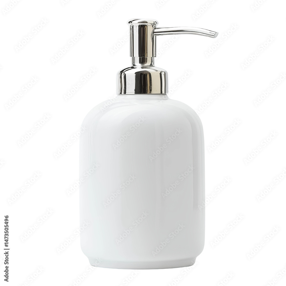 A white ceramic pump bottle for lotion or soap. The bottle has a silver pump and is isolated on a white background. This stylish bottle is a perfect accessory for any bathroom or kitchen. A white ceramic pump bottle for lotion or soap. The bottle has a silver pump and is isolated on a white background. This stylish bottle is a perfect accessory for any bathroom or kitchen.