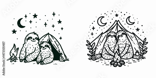 Sloth Couple camping under the stars. Cartoon animal clipart silhouette vector illustration. Laidback duo adventuring outdoors beneath starlight a nocturnal journey.