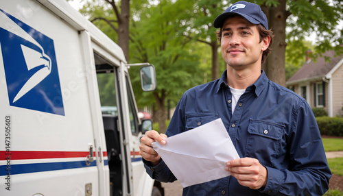 Smiling mail carrier holding letters near postal delivery truck
