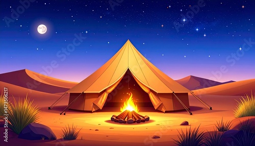 Desert camping scene with a warm fire, tent glowing under the moonlight with starry skies above