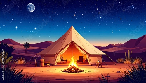 Desert camping A tent with a bonfire, moon, and stars in the night