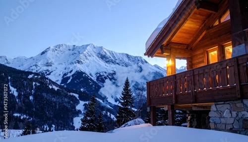 Cozy chalet glows against snowy mountain view at dusk, offering a peaceful winter scene